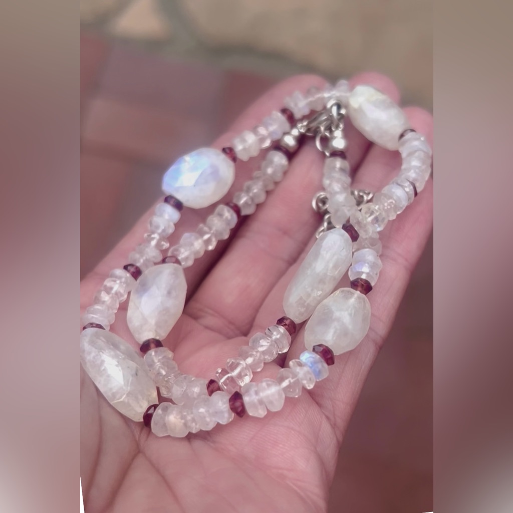 Handmade Sterling Silver Natural Moonstone Garnet Beaded Choker Necklace